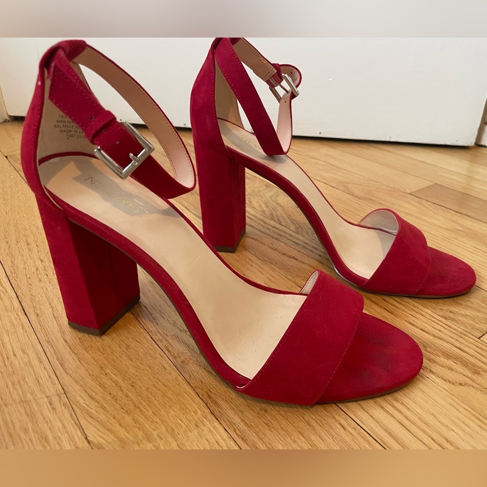 Nine West red suede open toe strappy heels